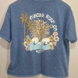 O’Neill Kona Surf Co Blue Graphic Tee Sun Waves Floral Size M 100% Cotton